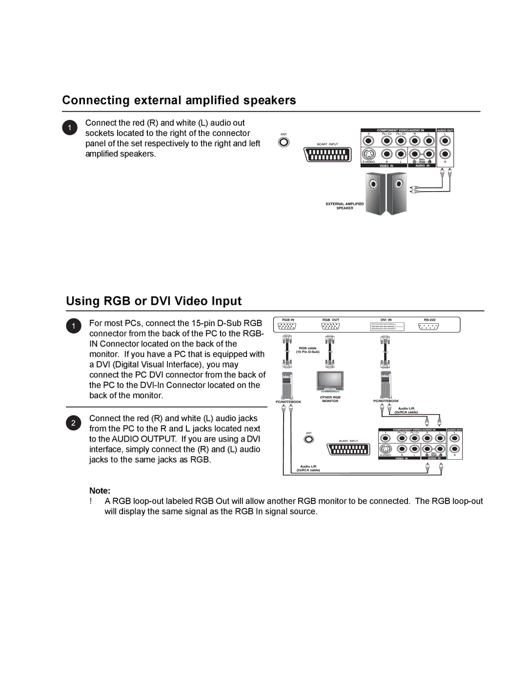 Philips BDS4221/00 user manual Connecting external amplified speakers, Connecting a PC, Using RGB or DVI Video Input 