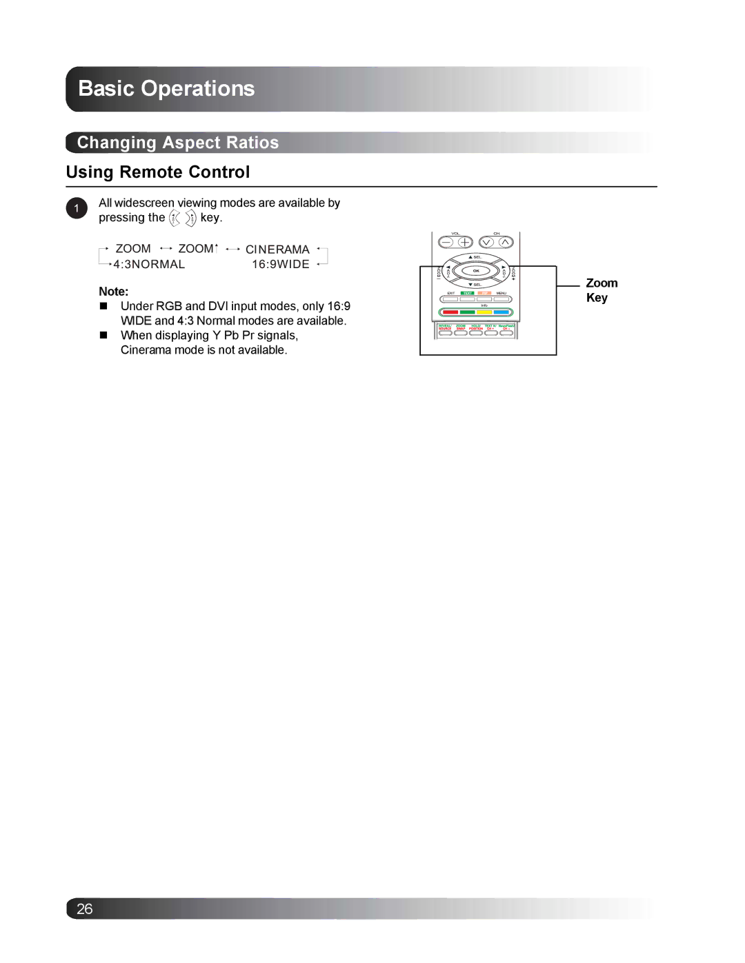 Philips BDS4221/00 user manual Changing Aspect Ratios, Using Remote Control, Zoom Key 