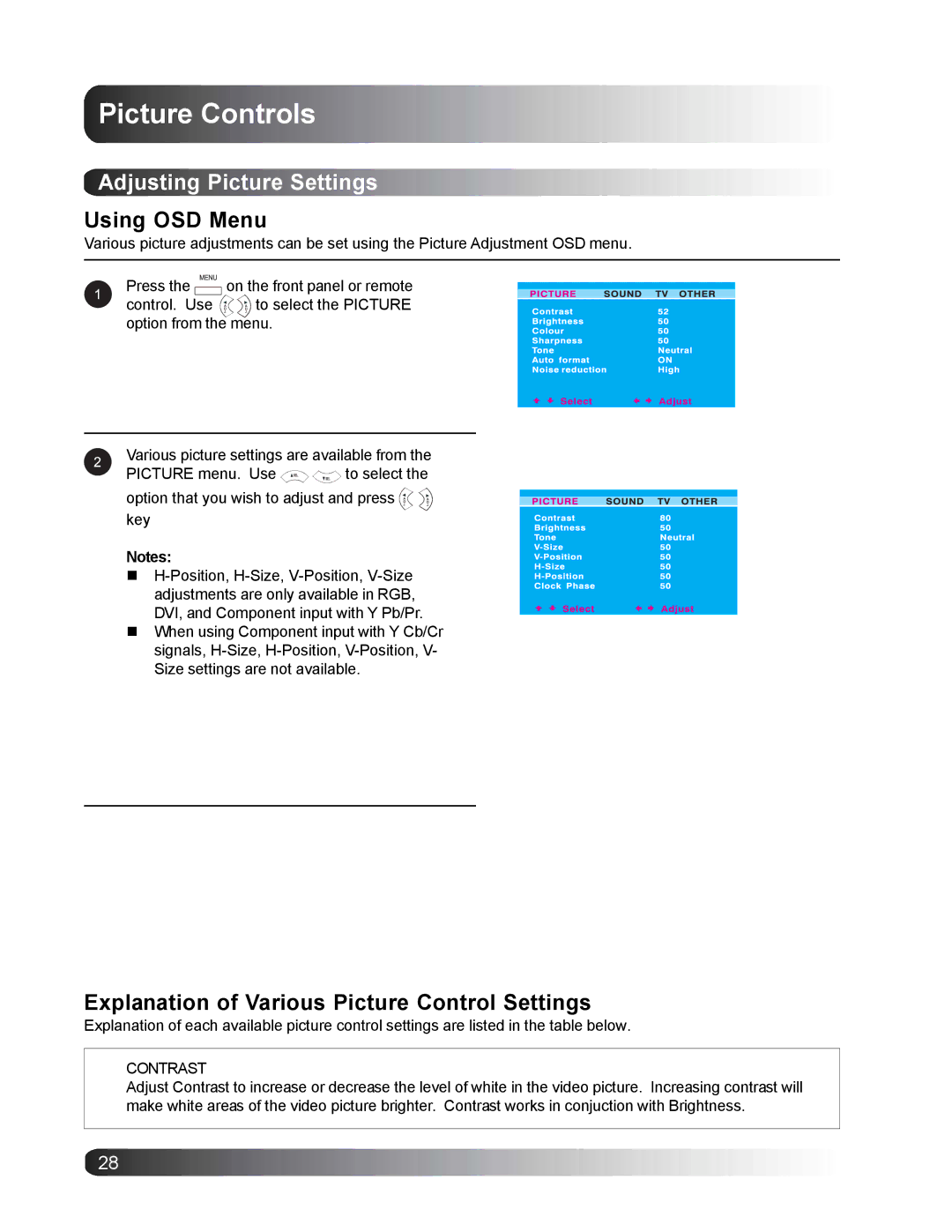 Philips BDS4221/00 user manual Picture Controls, Adjusting Picture Settings, Using. OSD Menu 