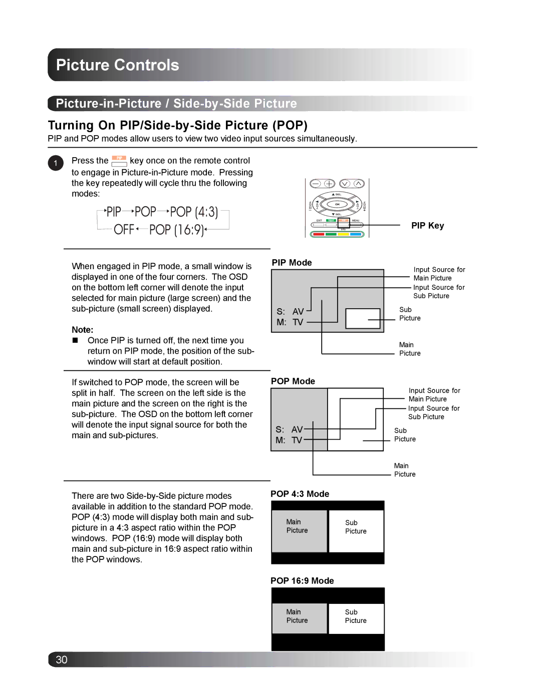 Philips BDS4221/00 user manual Picture-in-Picture / Side-by-Side Picture, Turning On PIP/Side-by-Side Picture POP 