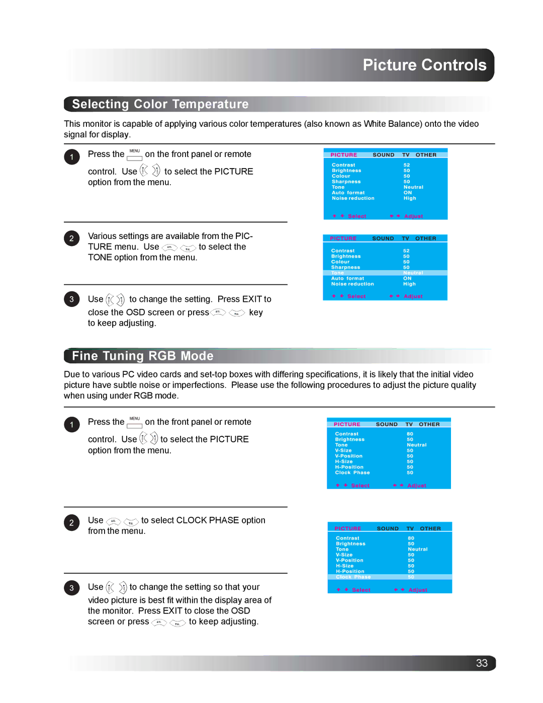 Philips BDS4221/00 user manual Selecting Color Temperature, Fine Tuning RGB Mode 