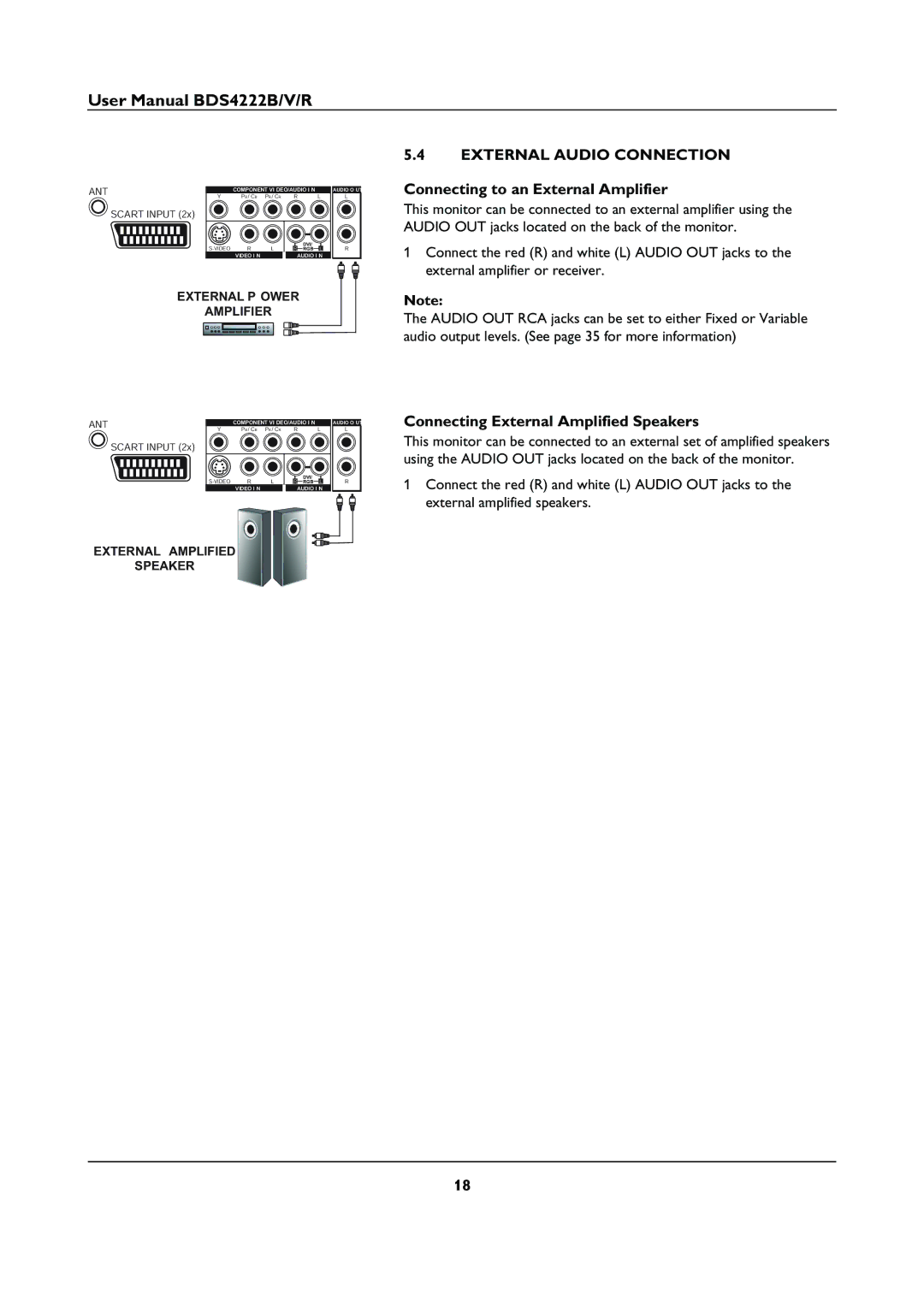 Philips BDS4222V/00 External Audio Connection, Connecting to an External Amplifier, Connecting External Amplified Speakers 