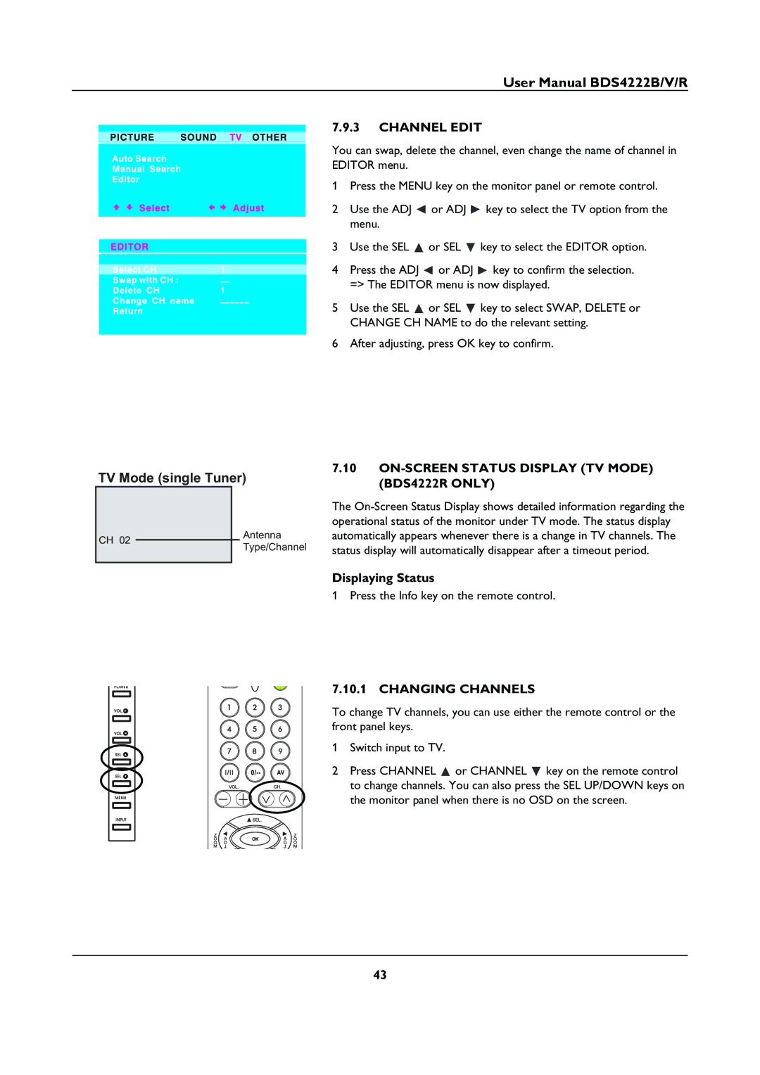 Philips BDS4222B Channel Edit, ON-SCREEN Status Display TV Mode BDS4222R only, Displaying Status, Changing Channels 