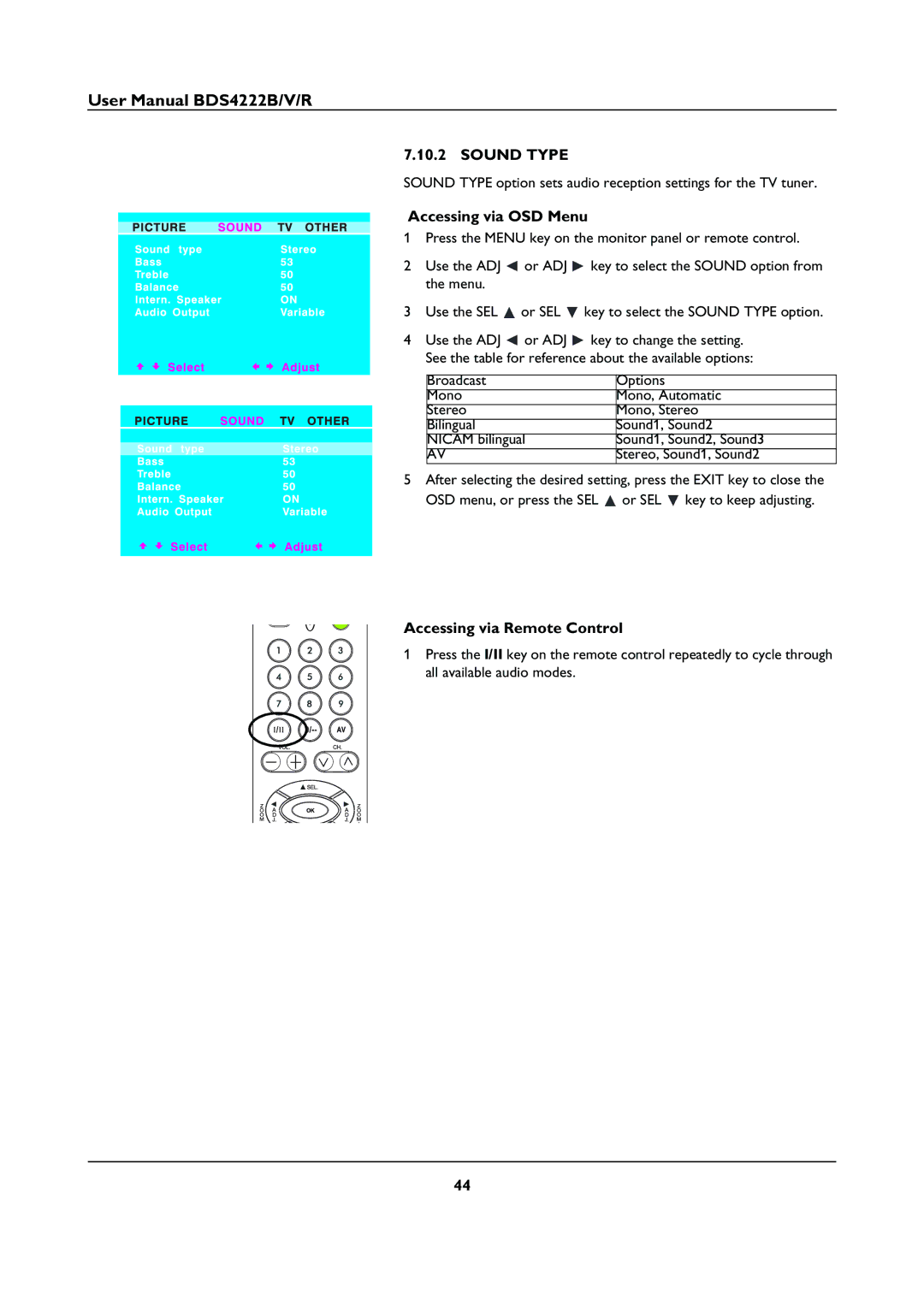 Philips BDS4222V/00, BDS4222B user manual Sound Type, Accessing via OSD Menu, Accessing via Remote Control 