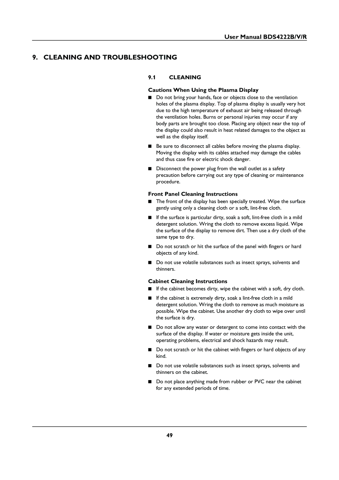 Philips BDS4222B user manual Cleaning and Troubleshooting, Front Panel Cleaning Instructions, Cabinet Cleaning Instructions 