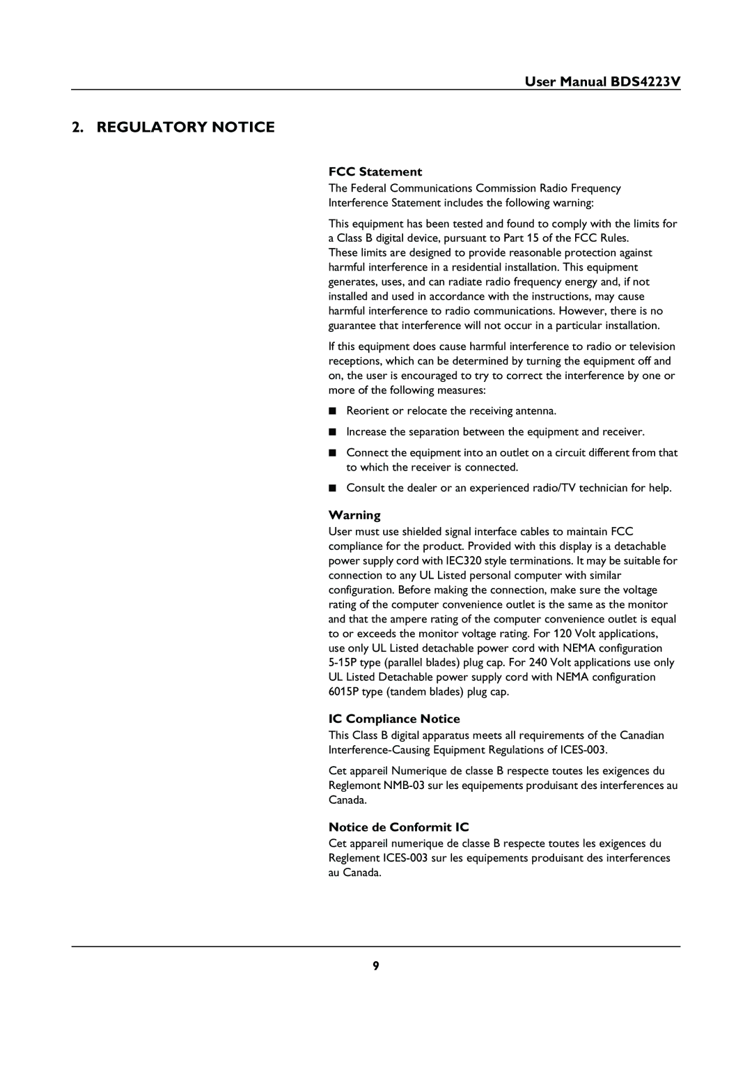 Philips BDS4223V user manual Regulatory Notice, FCC Statement, IC Compliance Notice 