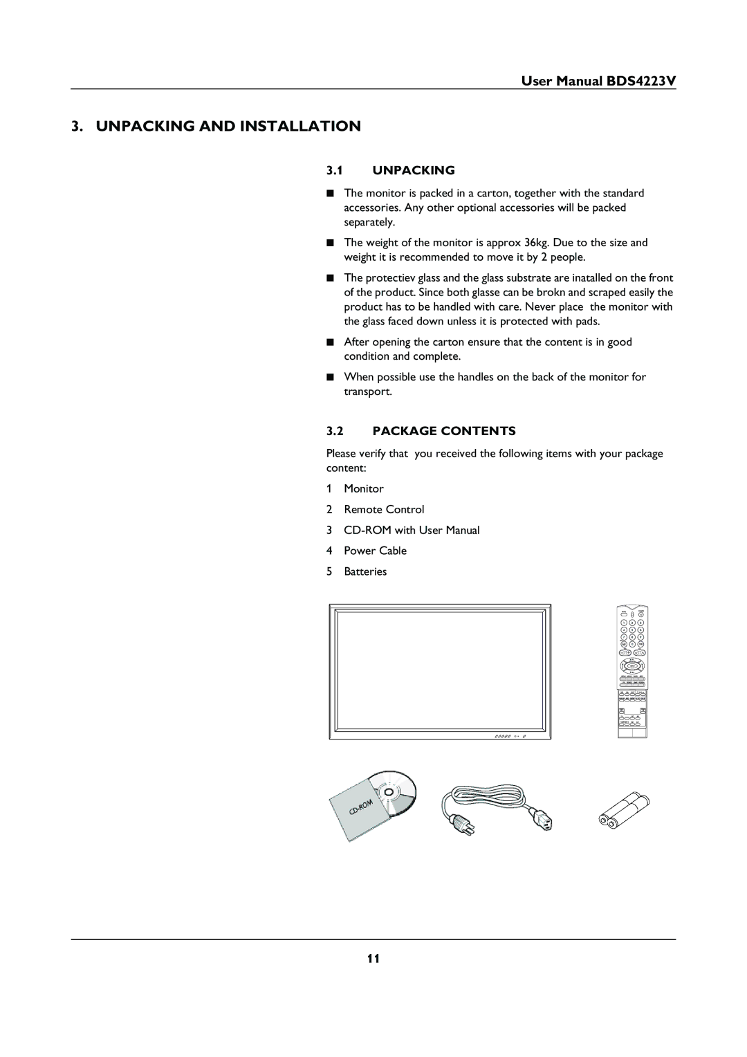 Philips BDS4223V user manual Unpacking and Installation, Package Contents 