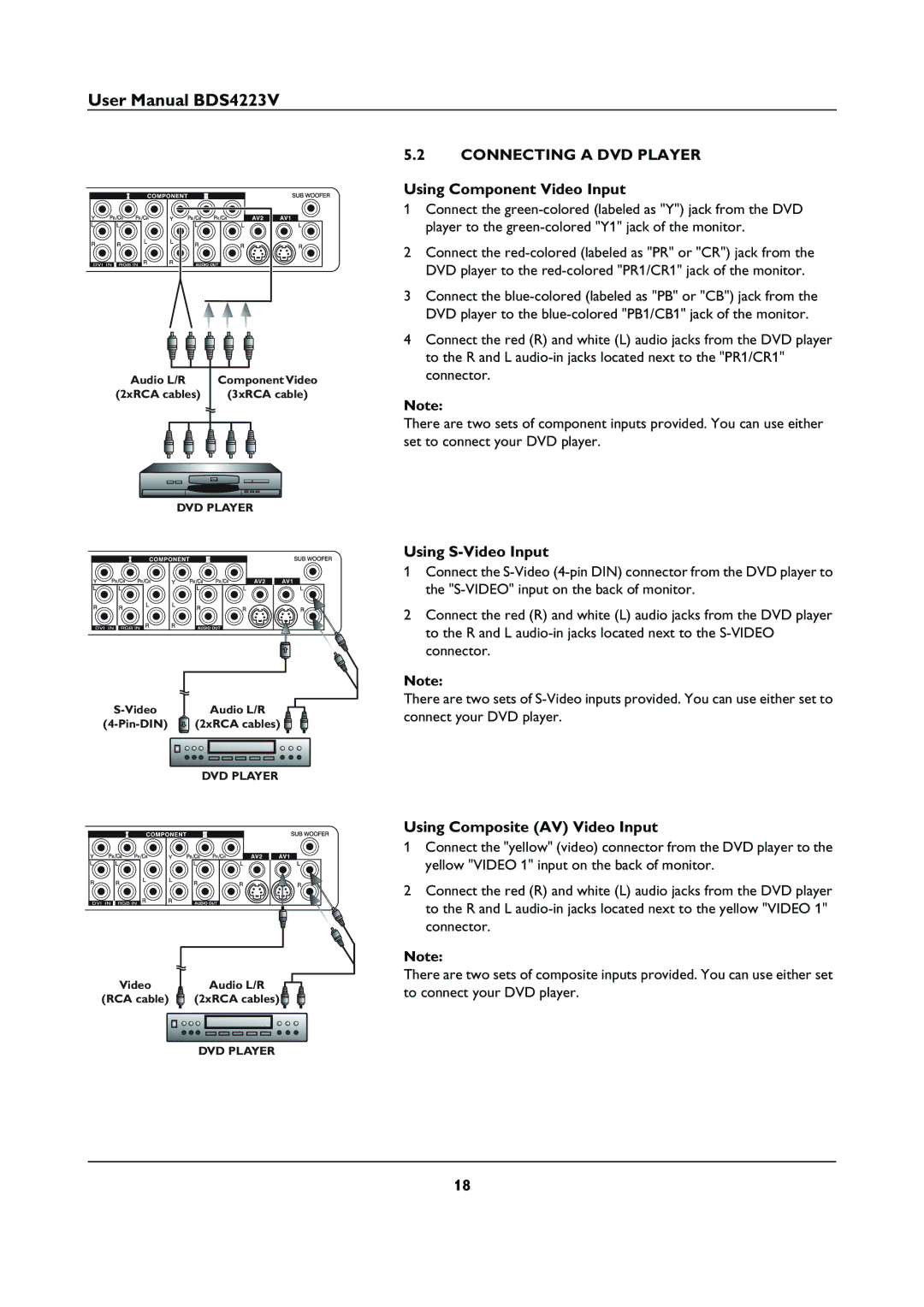 Philips BDS4223V user manual Connecting a DVD Player, Using Component Video Input 