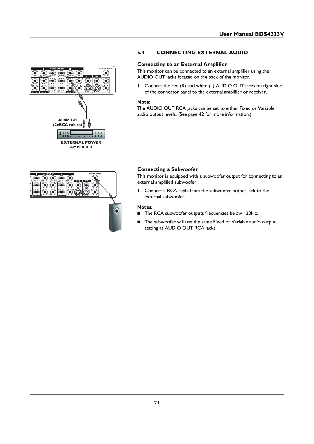 Philips BDS4223V user manual Connecting External Audio, Connecting to an External Amplifier, Connecting a Subwoofer 