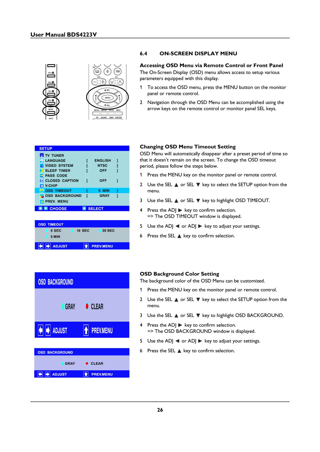 Philips BDS4223V user manual ON-SCREEN Display Menu, Accessing OSD Menu via Remote Control or Front Panel 