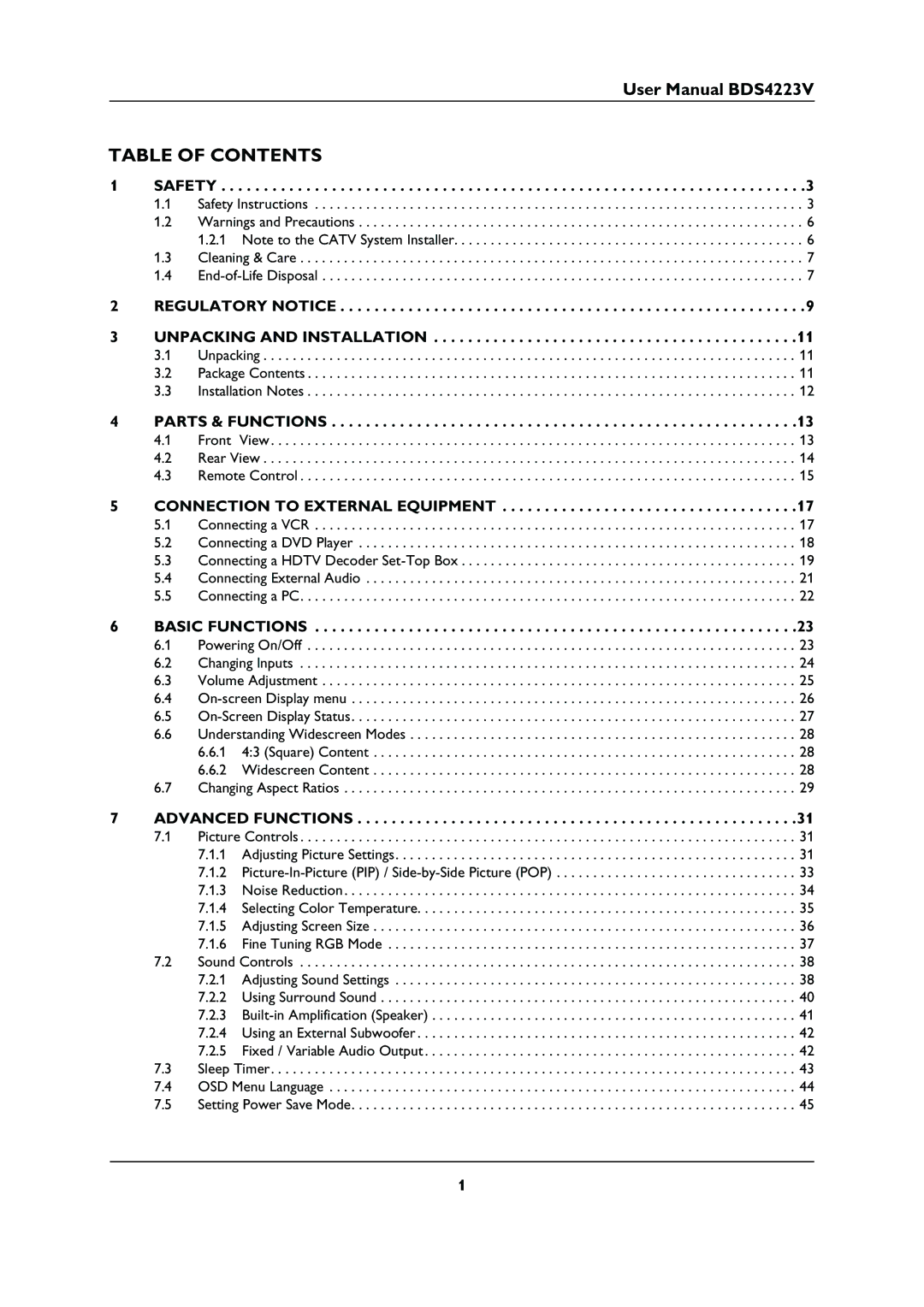 Philips BDS4223V user manual Table of Contents 