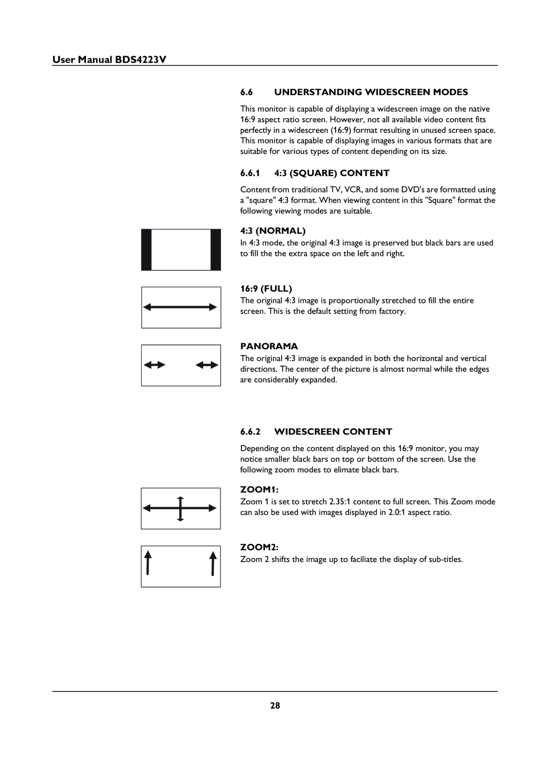 Philips BDS4223V user manual Understanding Widescreen Modes, Panorama, Widescreen Content, ZOOM1, ZOOM2 