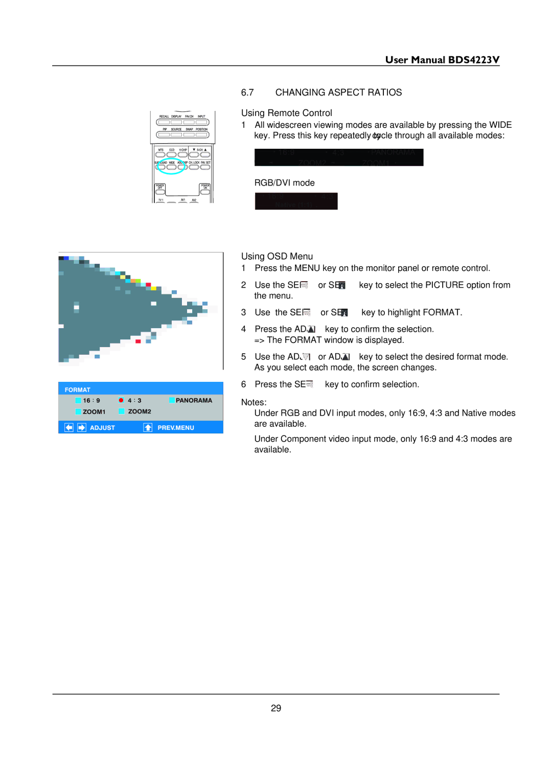 Philips BDS4223V user manual Changing Aspect Ratios, Using Remote Control, RGB/DVI mode, Using OSD Menu 