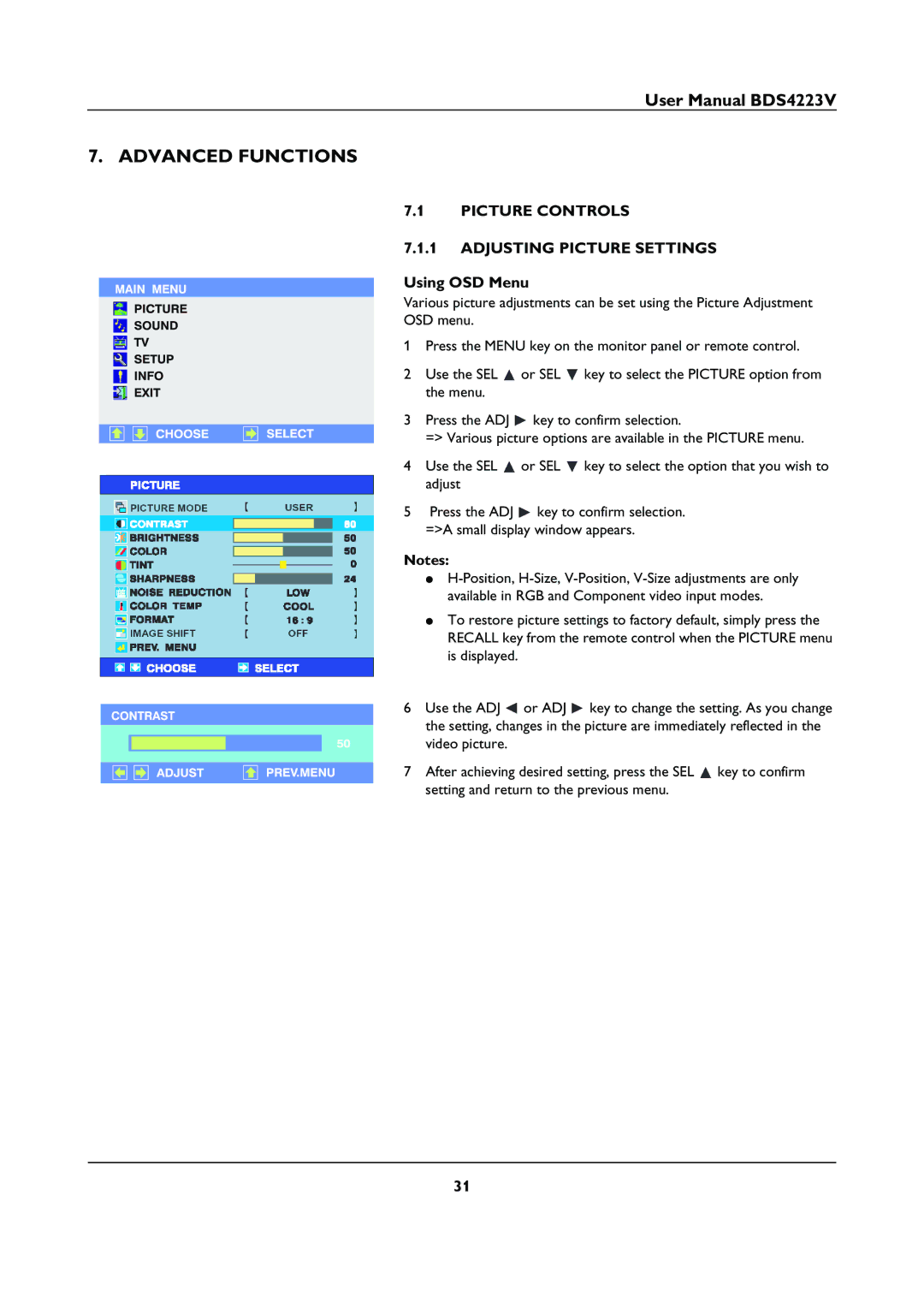 Philips BDS4223V user manual Advanced Functions, Picture Controls Adjusting Picture Settings 