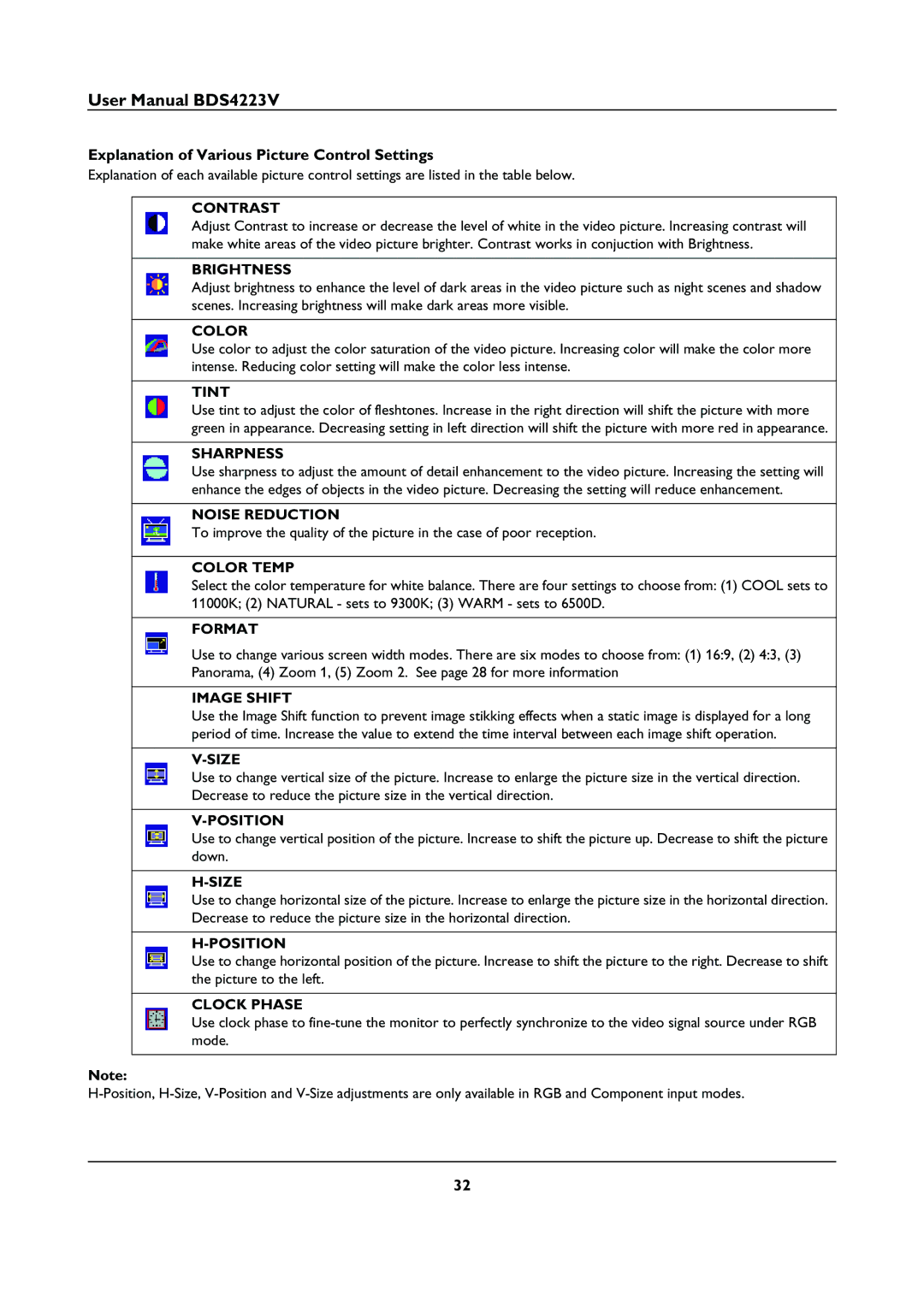 Philips BDS4223V Contrast, Brightness, Tint, Sharpness, Noise Reduction, Color Temp, Format, Image Shift, Size 