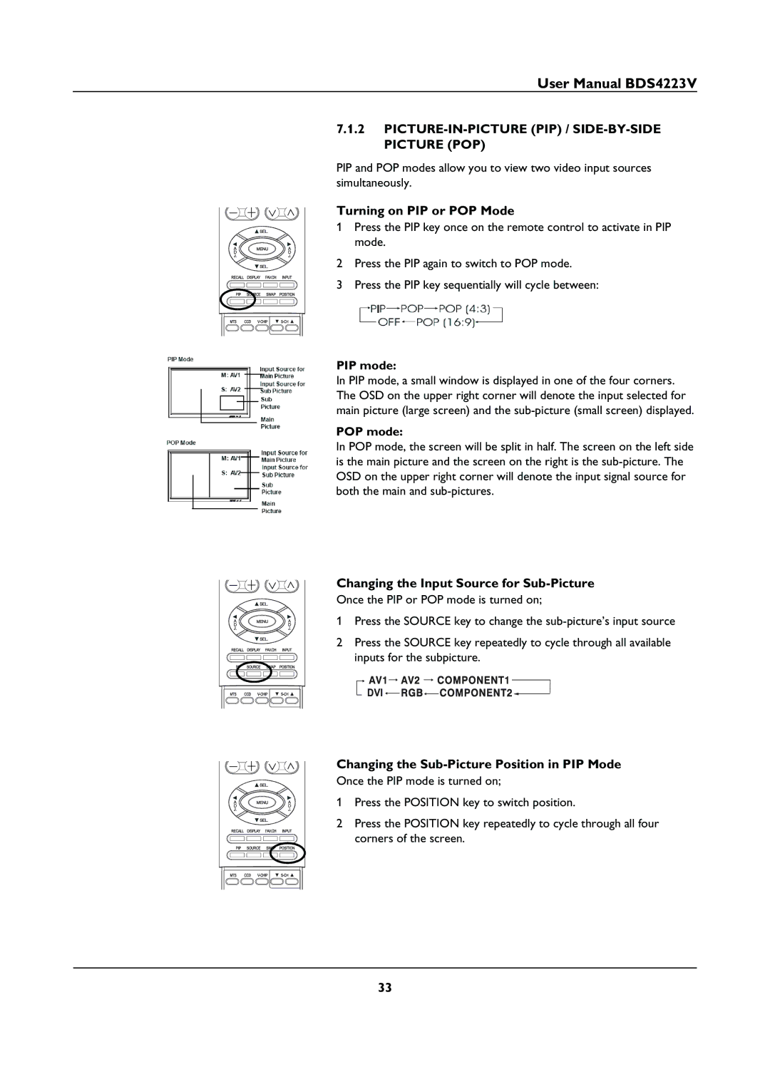 Philips BDS4223V user manual PICTURE-IN-PICTURE PIP / SIDE-BY-SIDE Picture POP 