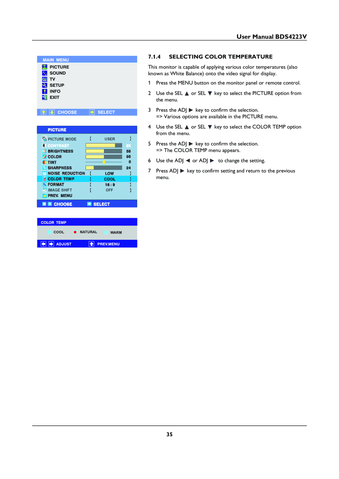 Philips BDS4223V user manual Selecting Color Temperature 