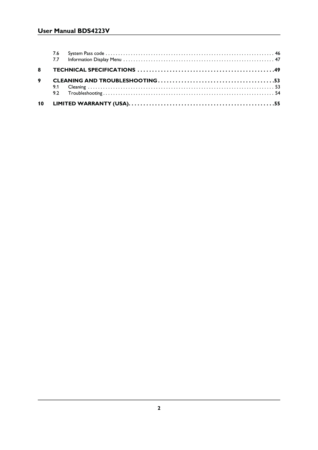 Philips BDS4223V user manual Technical Specifications Cleaning and Troubleshooting, Limited Warranty USA 