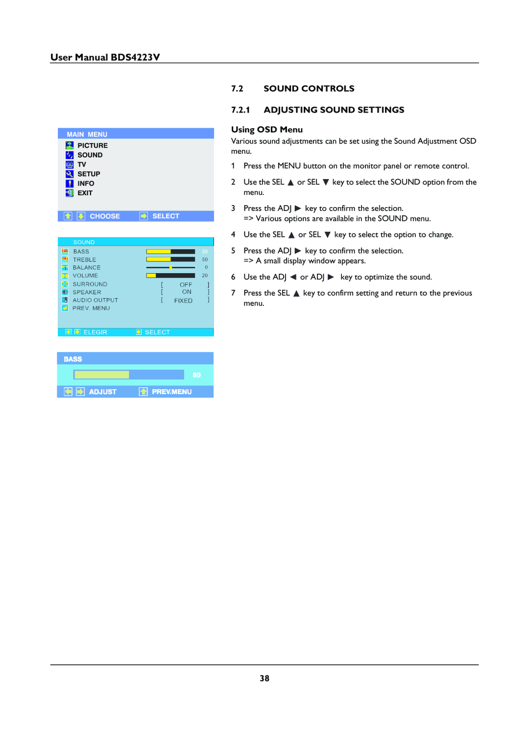 Philips BDS4223V user manual Sound Controls Adjusting Sound Settings, Using OSD Menu 