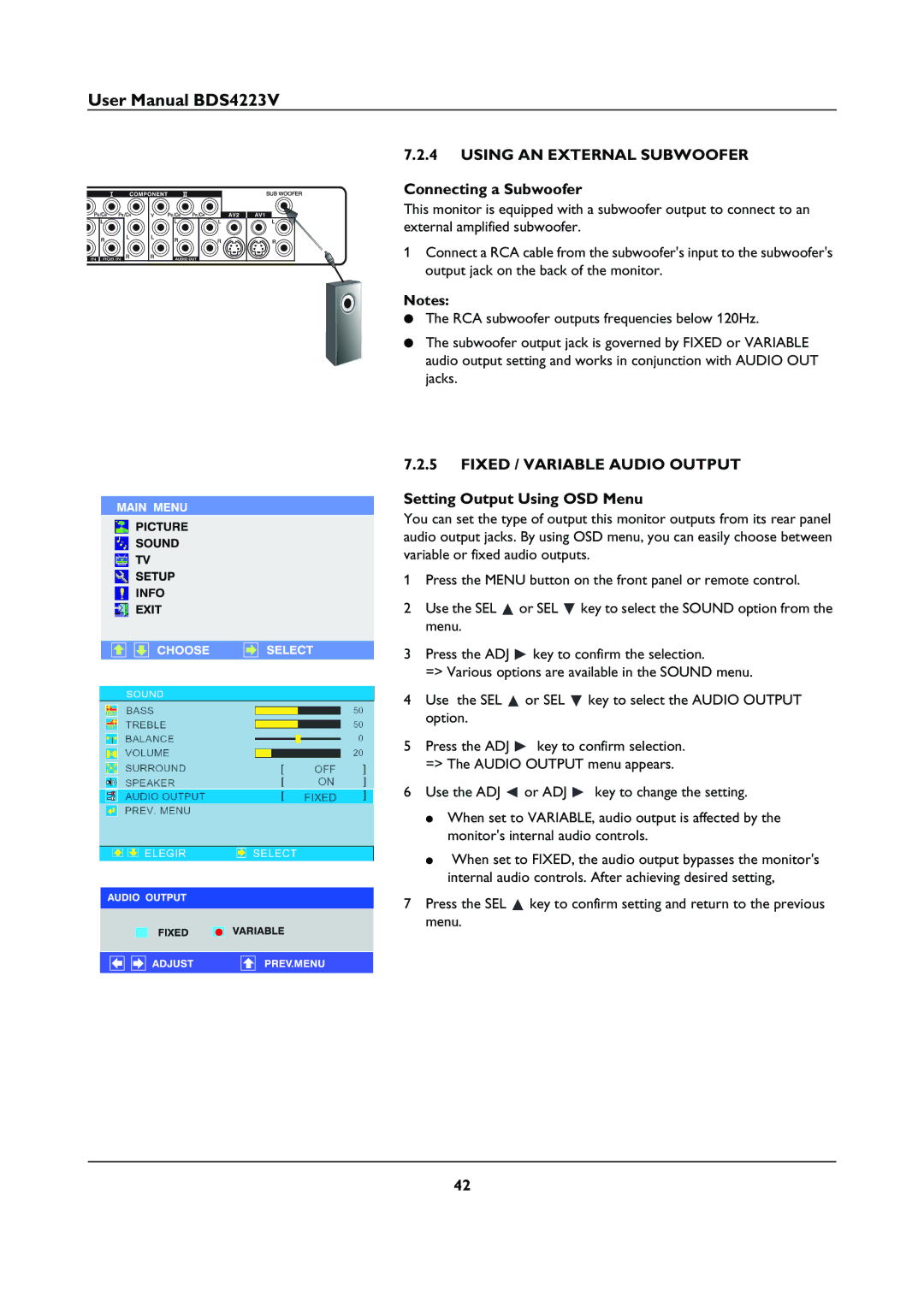 Philips BDS4223V user manual Using AN External Subwoofer, Fixed / Variable Audio Output, Setting Output Using OSD Menu 