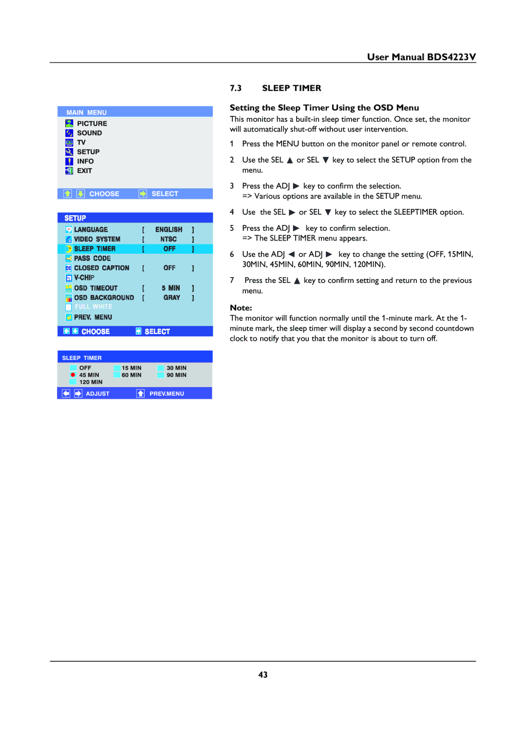 Philips BDS4223V user manual Setting the Sleep Timer Using the OSD Menu 