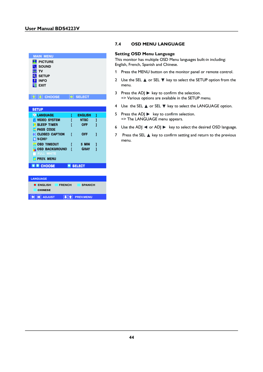 Philips BDS4223V user manual Setting OSD Menu Language 