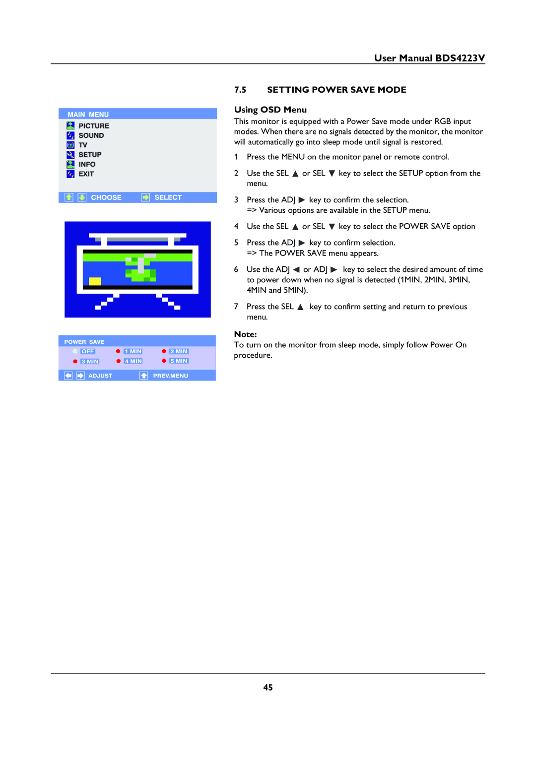 Philips BDS4223V user manual Setting Power Save Mode, Using OSD Menu 