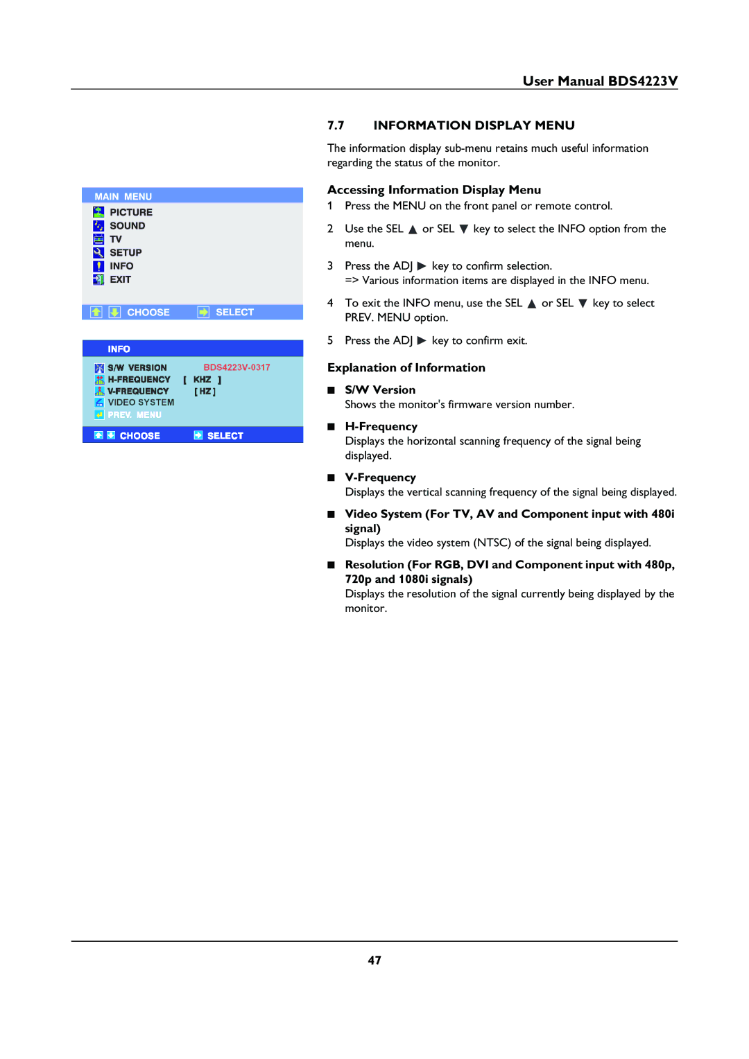 Philips BDS4223V user manual Accessing Information Display Menu, Explanation of Information Version, Frequency 