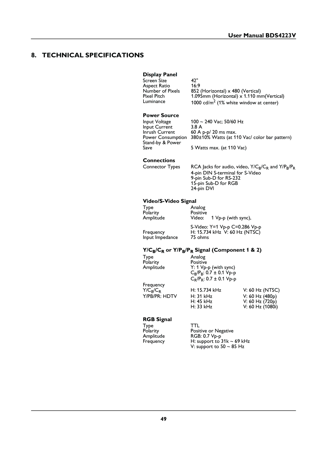 Philips BDS4223V user manual Technical Specifications 