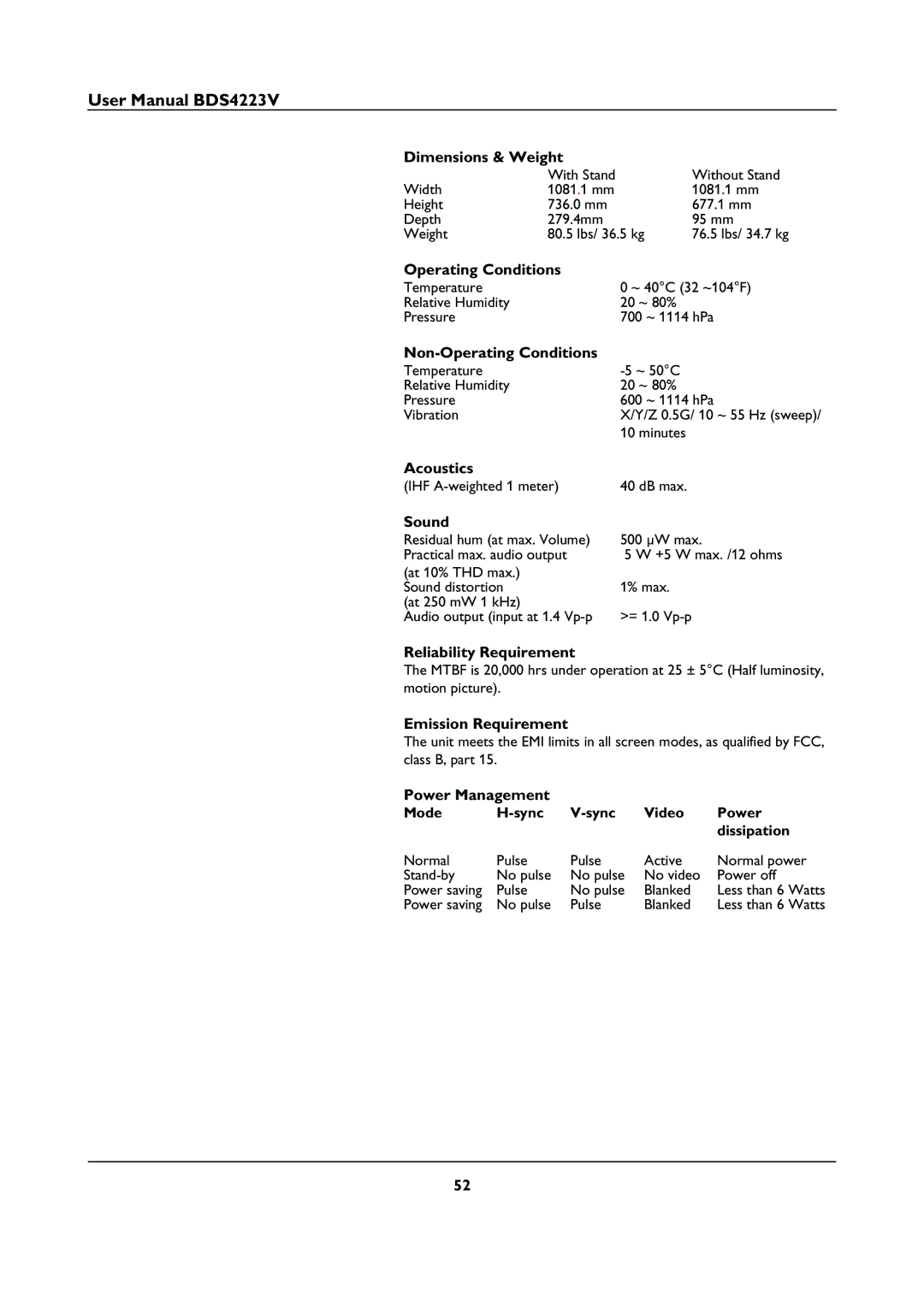 Philips BDS4223V user manual Dimensions & Weight, Non-Operating Conditions, Acoustics, Sound, Reliability Requirement 