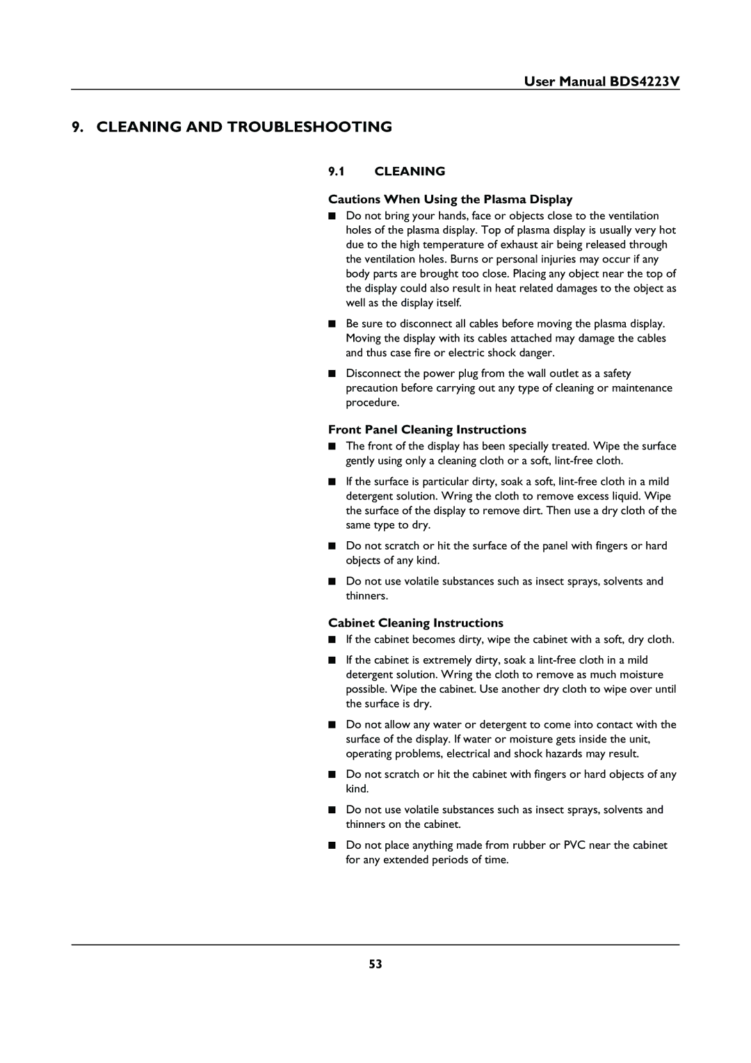 Philips BDS4223V user manual Cleaning and Troubleshooting, Front Panel Cleaning Instructions, Cabinet Cleaning Instructions 