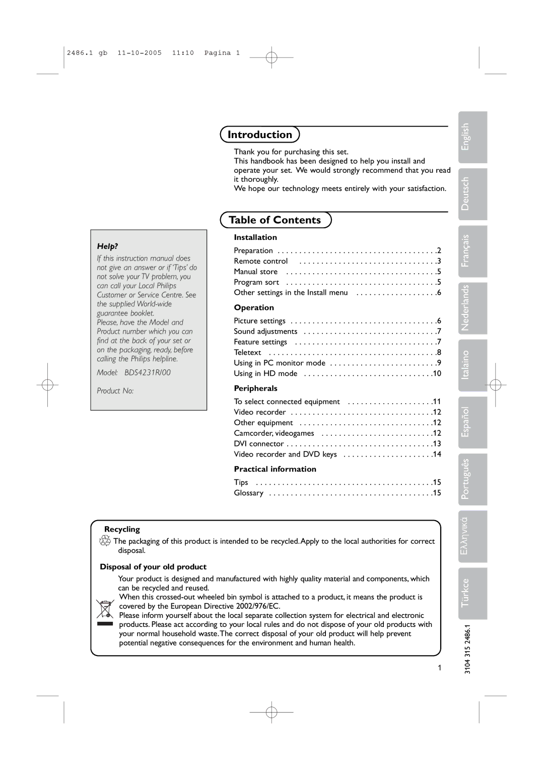 Philips BDS4231R/00 instruction manual Introduction, Table of Contents 