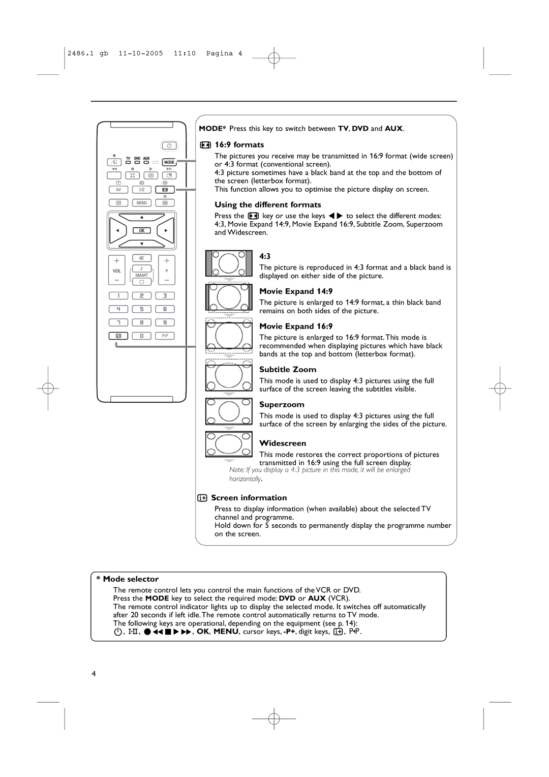 Philips BDS4231R/00 Formats, Using the different formats, Movie Expand, Subtitle Zoom, Superzoom, Widescreen 