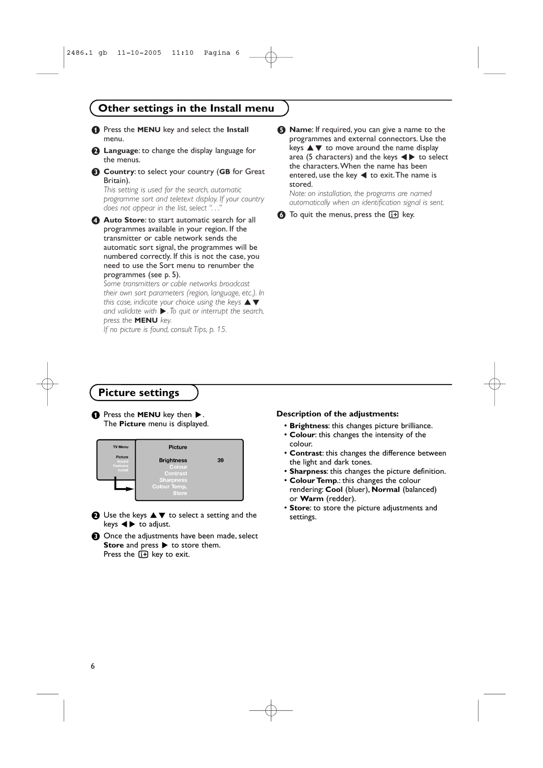 Philips BDS4231R/00 instruction manual Other settings in the Install menu, Picture settings, Description of the adjustments 