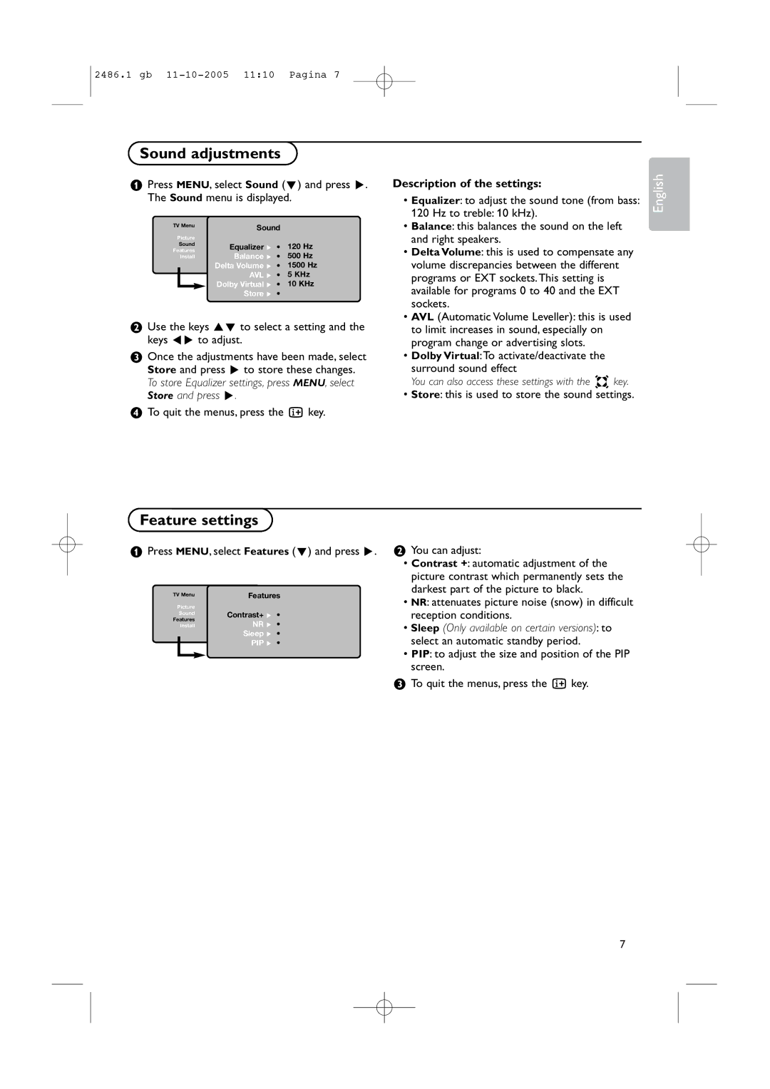 Philips BDS4231R/00 instruction manual Sound adjustments, Feature settings, Description of the settings 