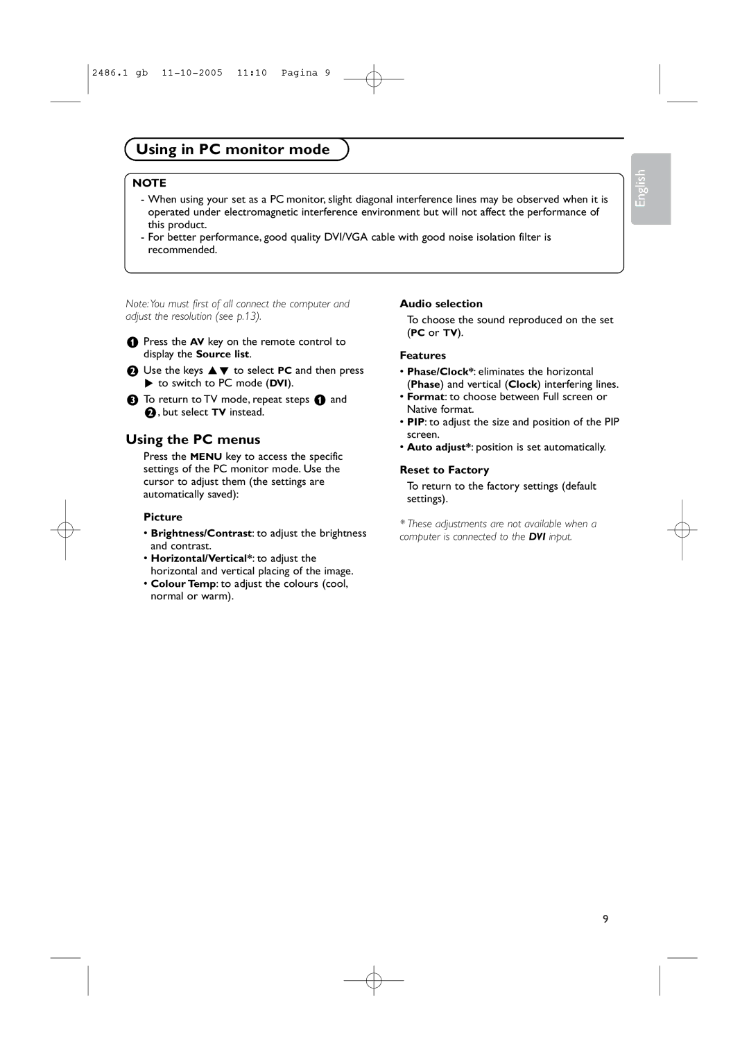 Philips BDS4231R/00 instruction manual Using in PC monitor mode, Using the PC menus 