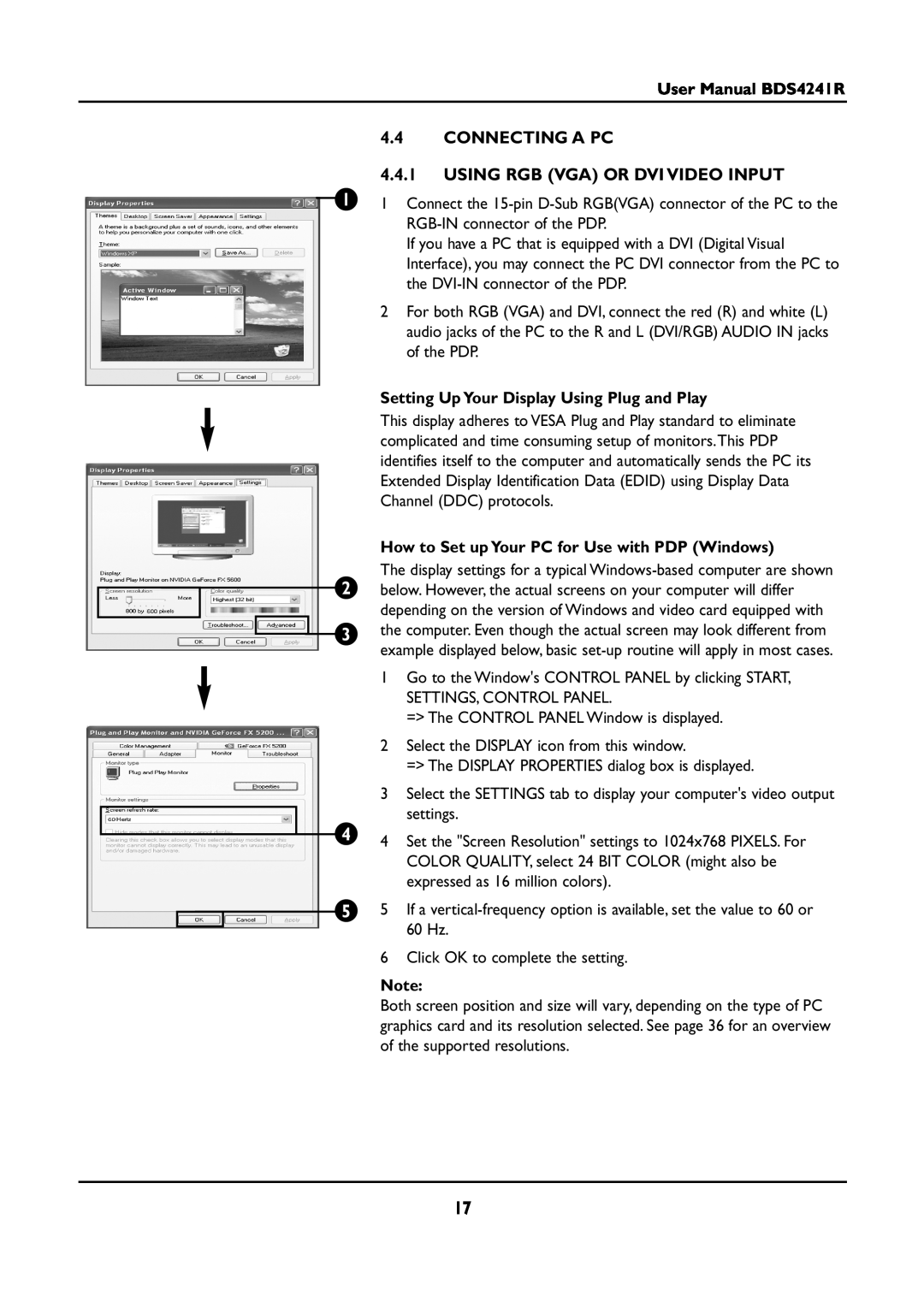 Philips BDS4241R manual CONNECTING A PC 4.4.1 USING RGB VGA OR DVI VIDEO INPUT, Setting Up Your Display Using Plug and Play 