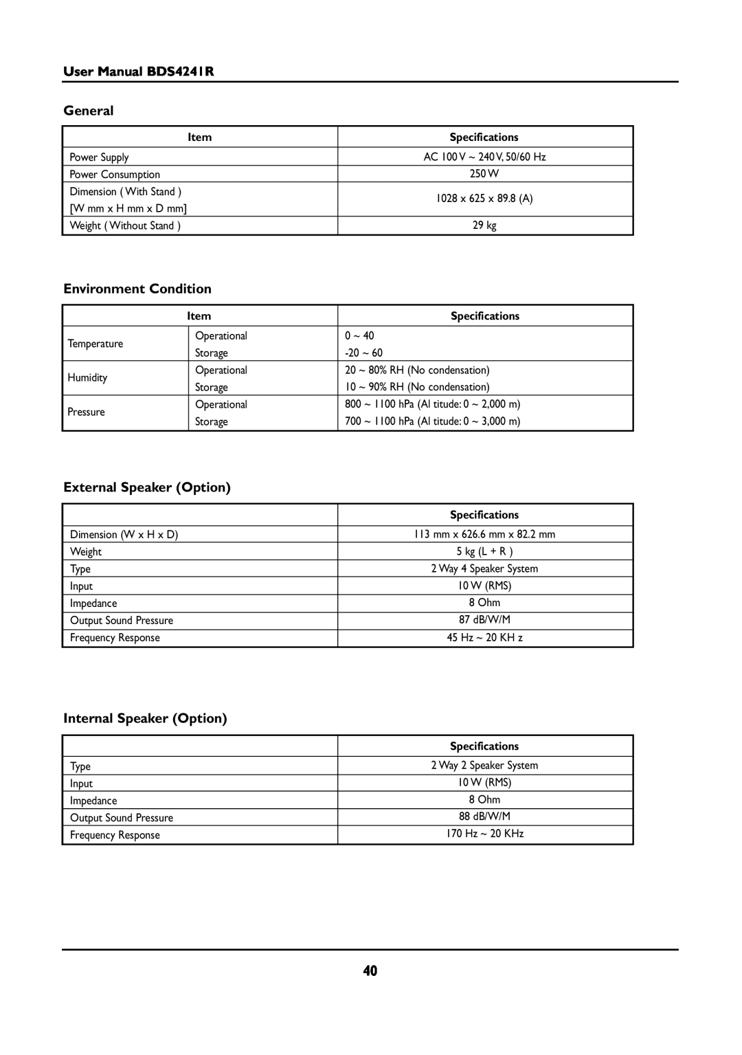 Philips BDS4241R/00 manual General, Environment Condition, External Speaker Option, Internal Speaker Option 