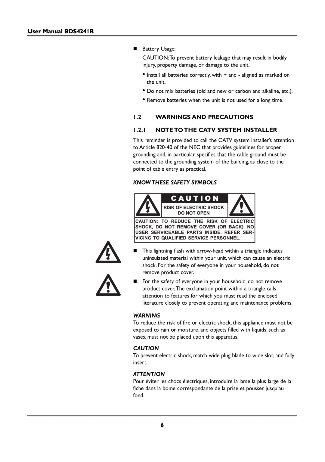 Philips BDS4241R/00 manual WARNINGS AND PRECAUTIONS 1.2.1 NOTE TO THE CATV SYSTEM INSTALLER, Know These Safety Symbols 