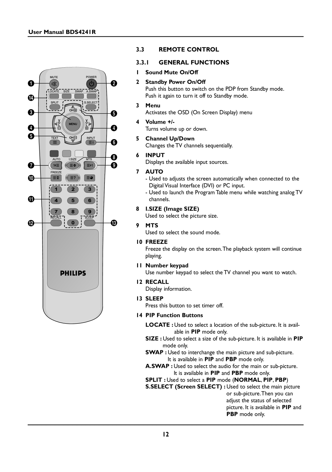 Philips BDS4241R/00 manual Remote Control General Functions 