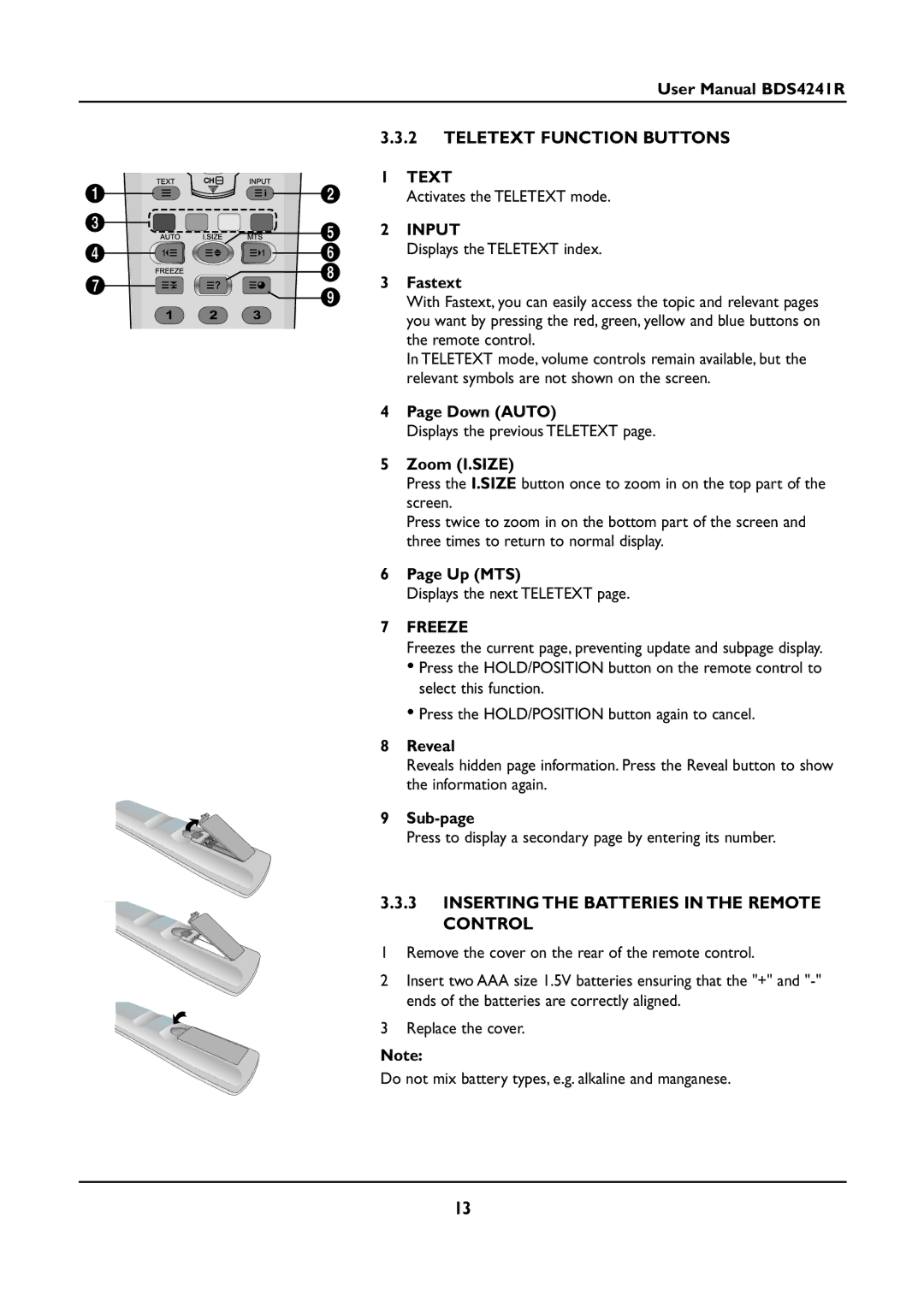 Philips BDS4241R/00 manual Teletext Function Buttons, Inserting the Batteries in the Remote Control, Text 