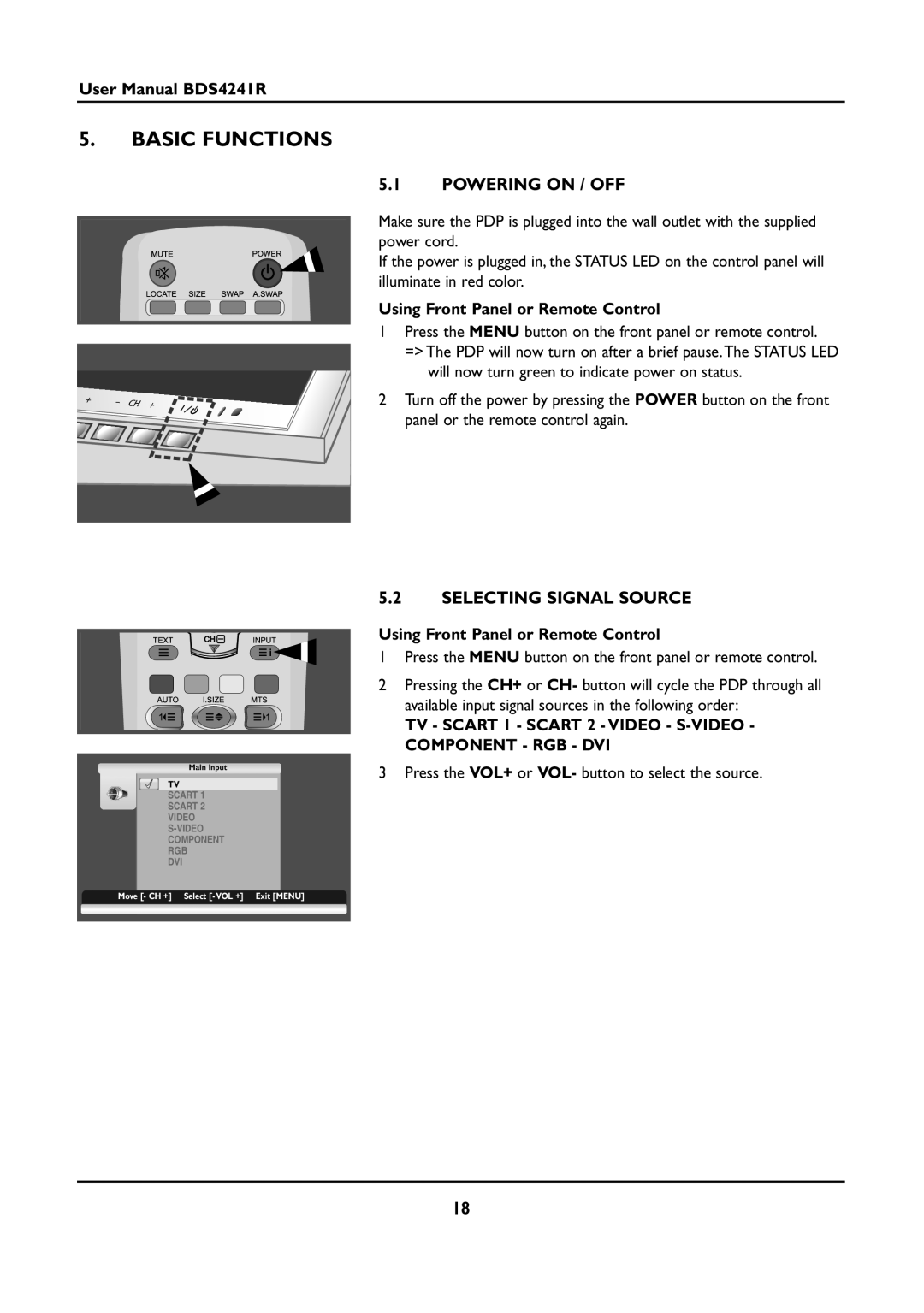 Philips BDS4241R/00 manual Basic Functions, Powering on / OFF, Selecting Signal Source, Using Front Panel or Remote Control 