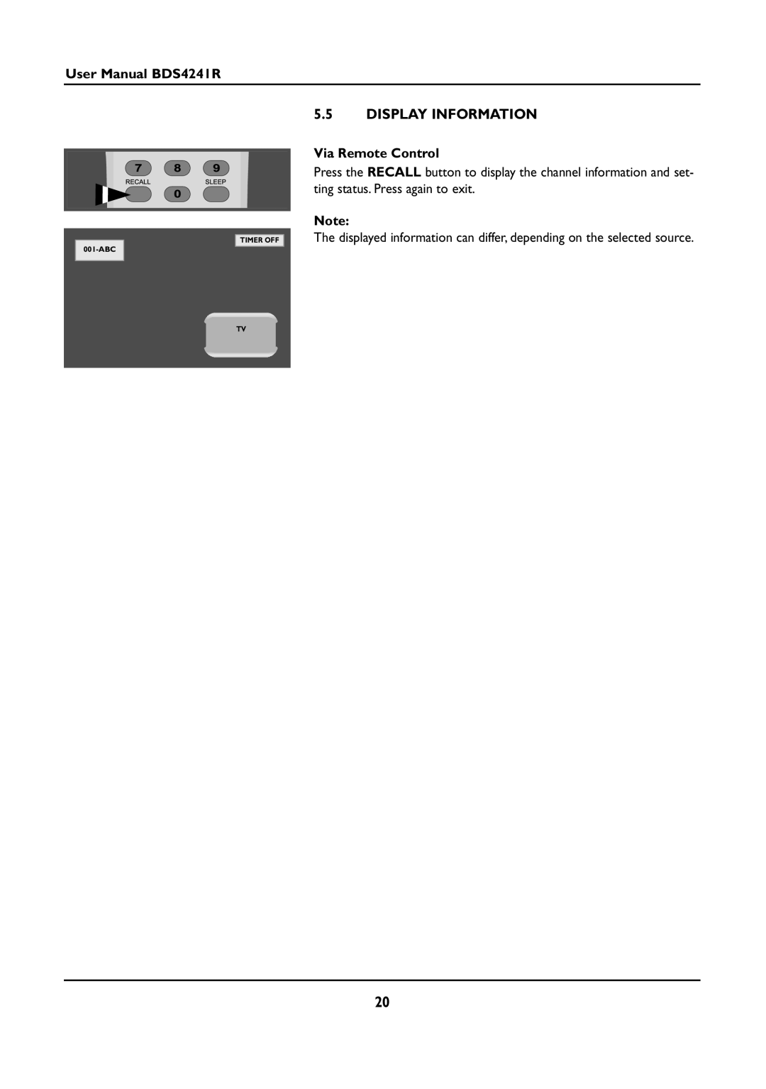 Philips BDS4241R/00 manual Display Information, Via Remote Control 