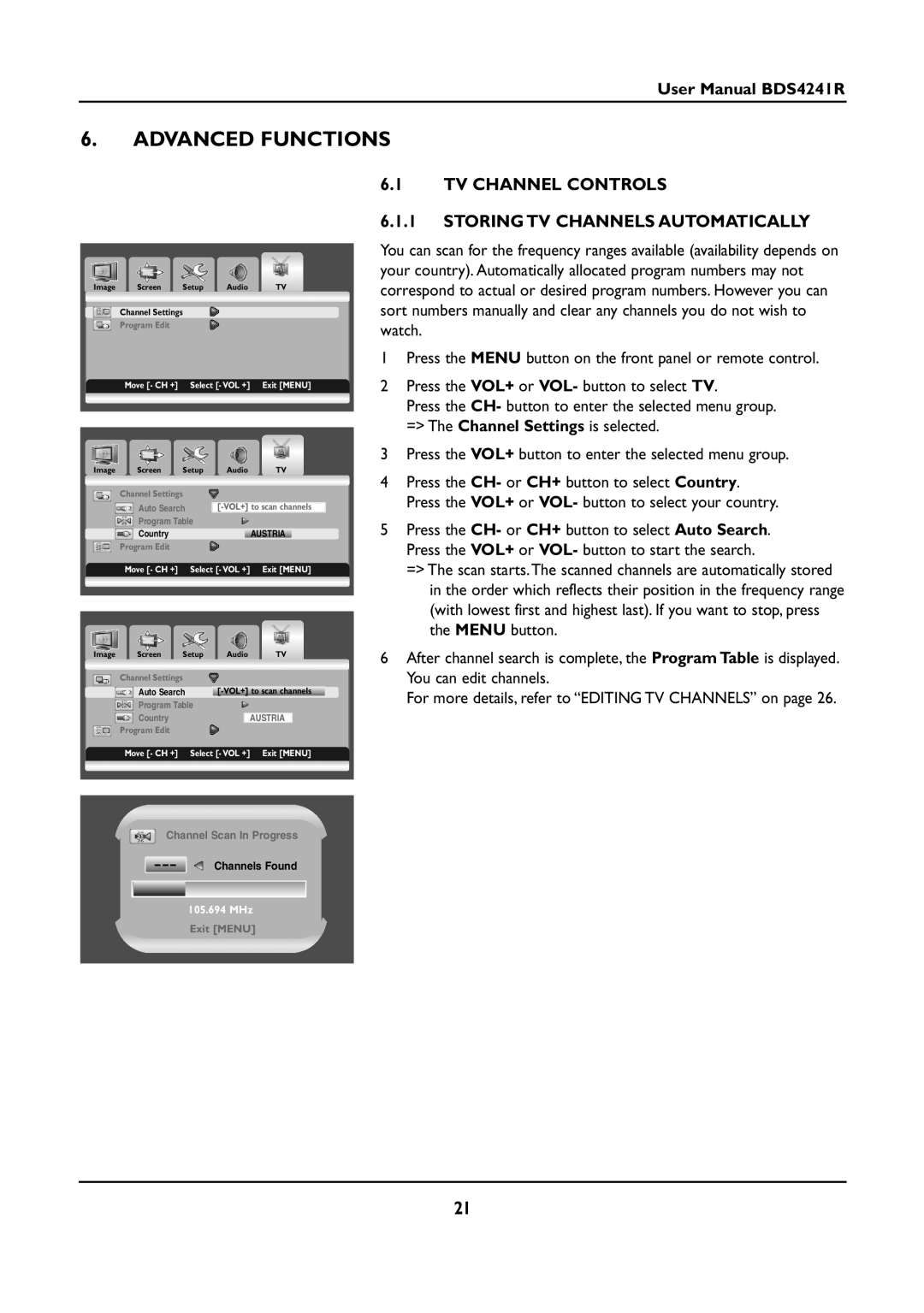 Philips BDS4241R/00 manual Advanced Functions, TV Channel Controls Storing TV Channels Automatically 
