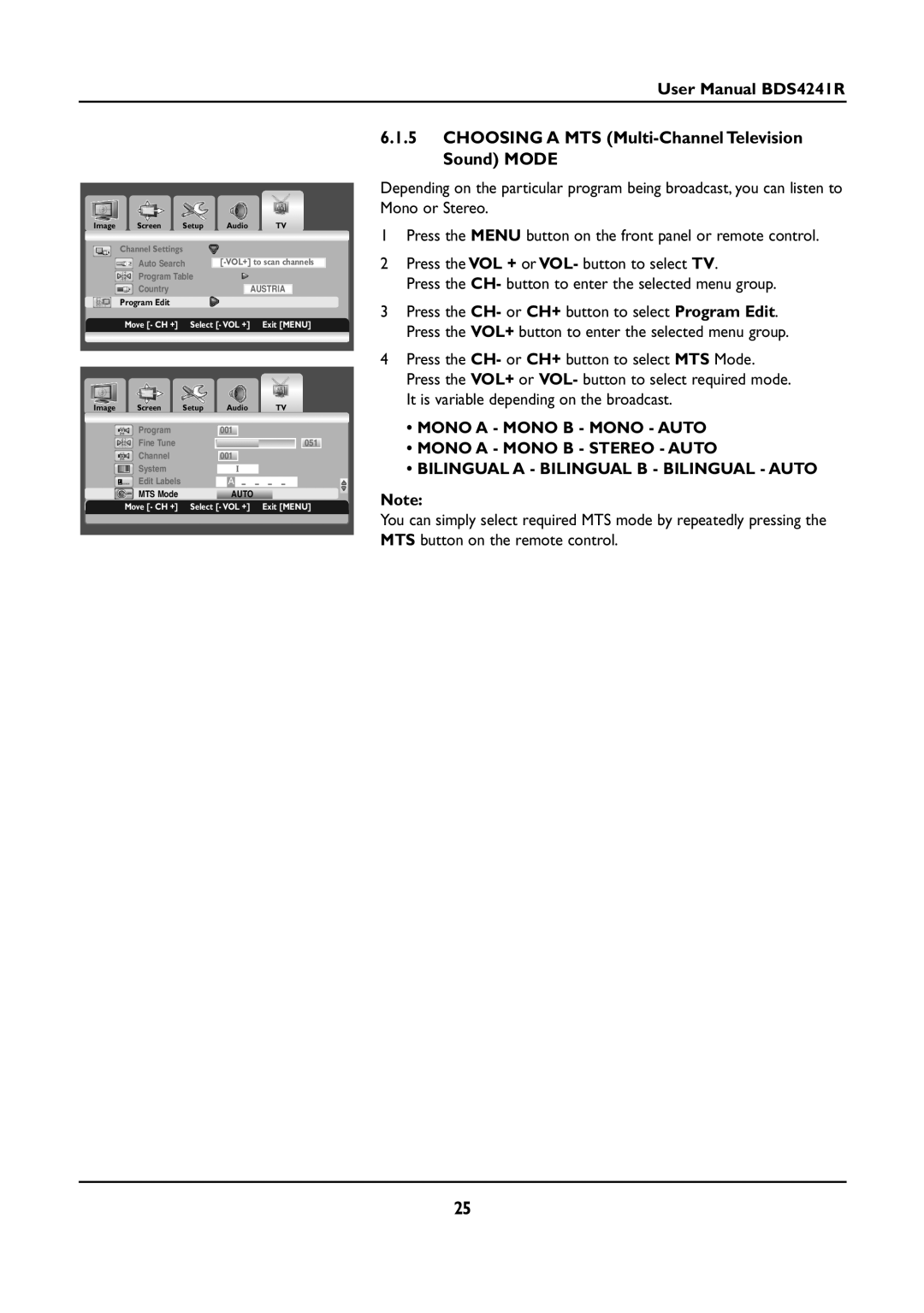 Philips BDS4241R/00 manual Choosing a MTS Multi-Channel Television Sound Mode 