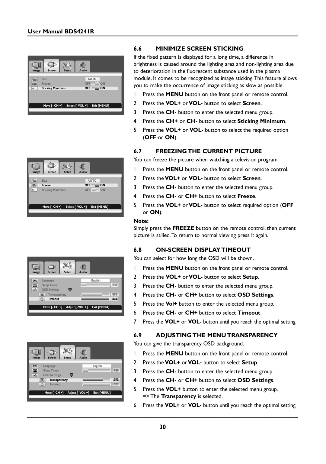 Philips BDS4241R/00 manual Minimize Screen Sticking, Freezing the Current Picture, ON-SCREEN Display Timeout 