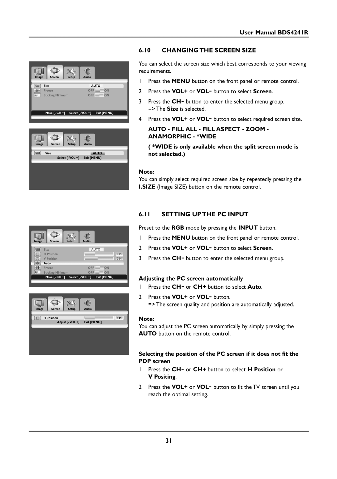 Philips BDS4241R manual Changing the Screen Size, Setting UP the PC Input, Auto Fill ALL Fill Aspect Zoom Anamorphic *WIDE 