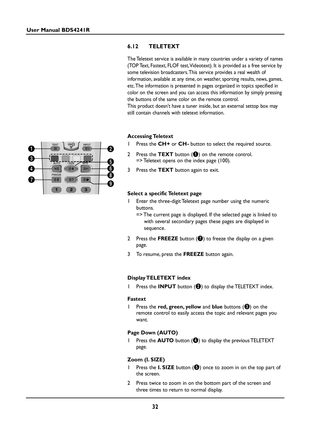 Philips BDS4241R/00 manual Accessing Teletext, Select a specific Teletext, Display Teletext index, Zoom I. Size 