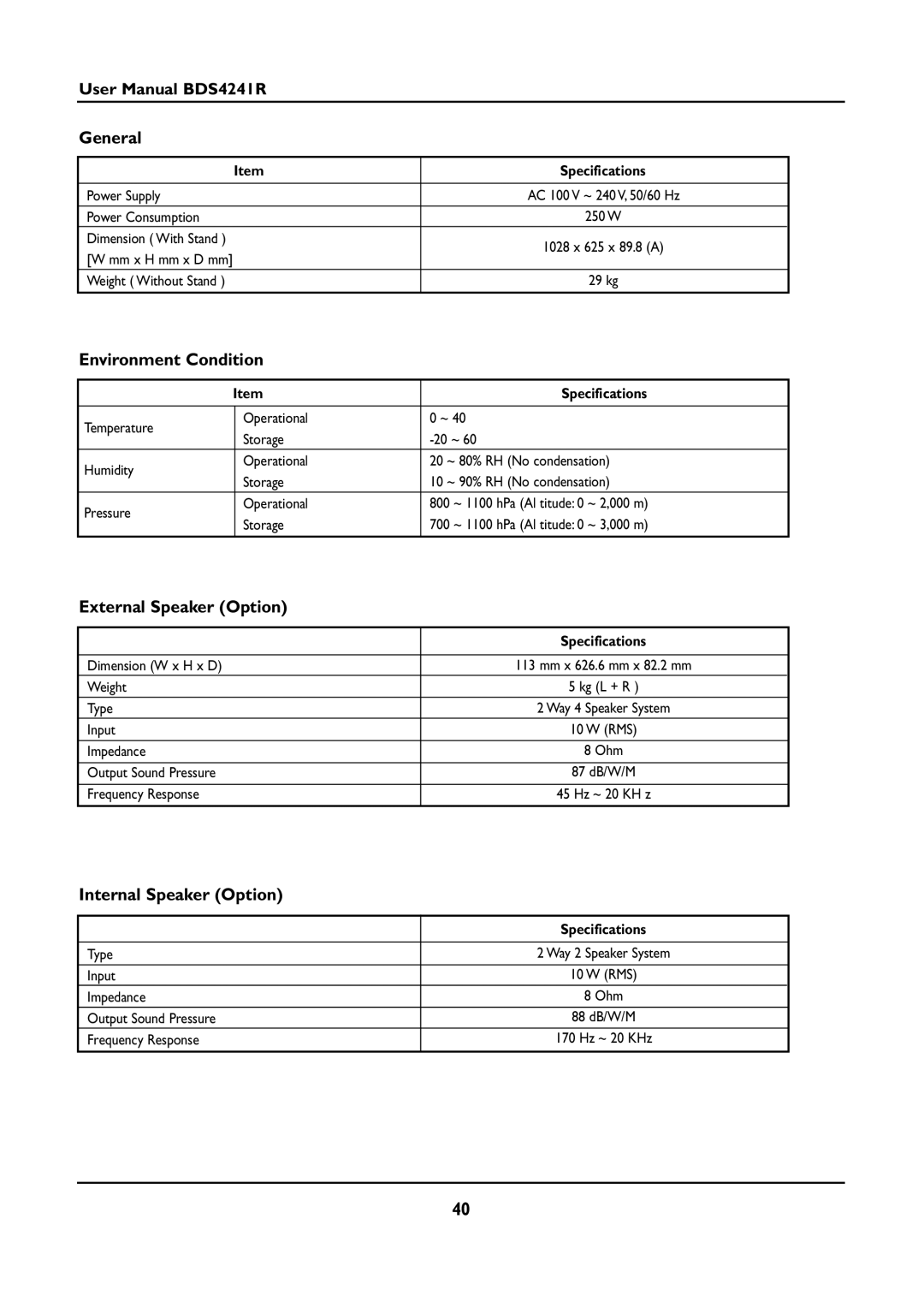 Philips BDS4241R/00 manual General, Environment Condition, External Speaker Option, Internal Speaker Option 