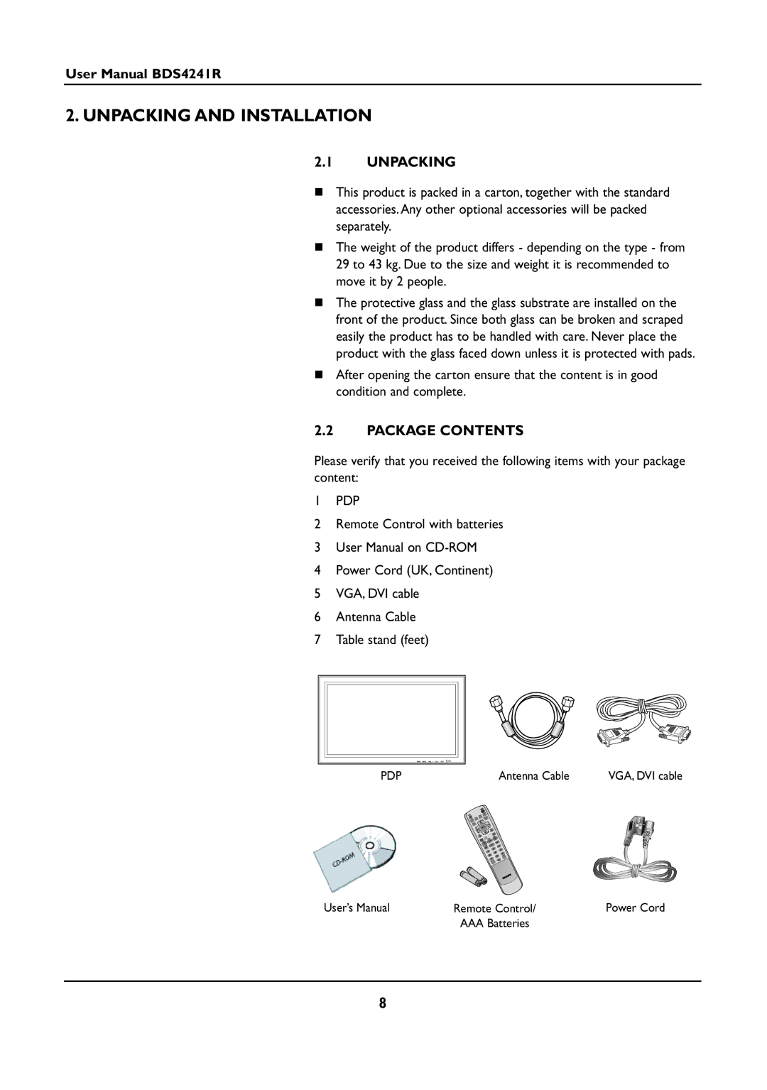 Philips BDS4241R/00 manual Unpacking and Installation, Package Contents 